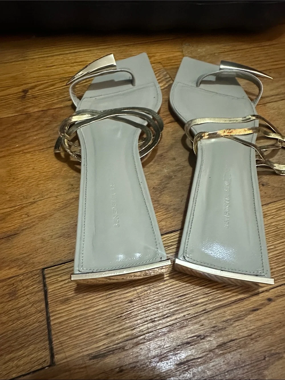Cream Square-Toe Slide Sandals with Gold Accent Straps